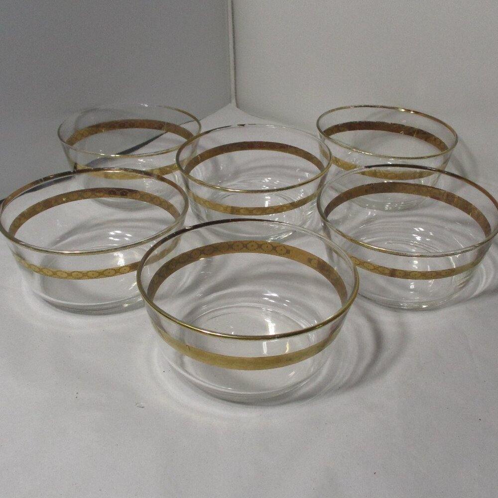 Lot of 6 Vintage Libbey Glass Fruit Dessert Berry Bows with Gold Band